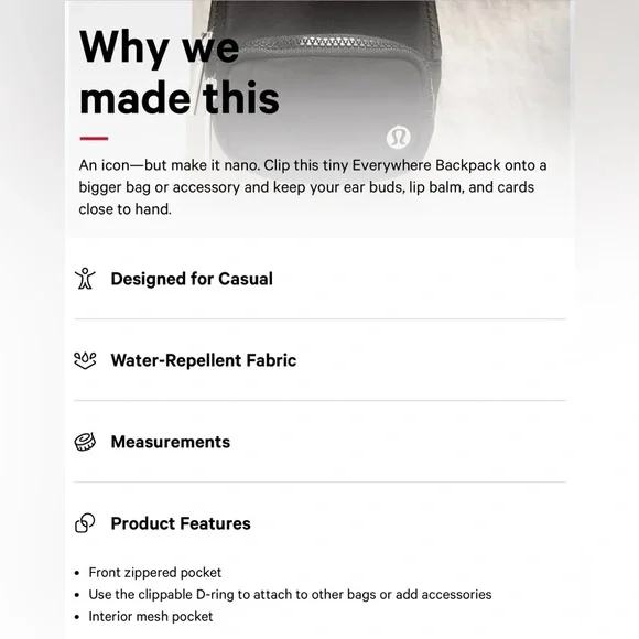 lululemon Mini Everywhere Backpack Black Nano Clippable NWT - Picture 8 of 9